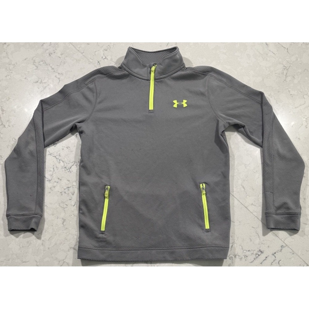 Under Armour Boys Quarter Zip Pullover Gray Neon Youth Large YLG Loose Fit